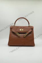 Load image into Gallery viewer, Verona 28 Kelly Style Opaque Saltwater Croc Leather Brown Color Gold Hardware
