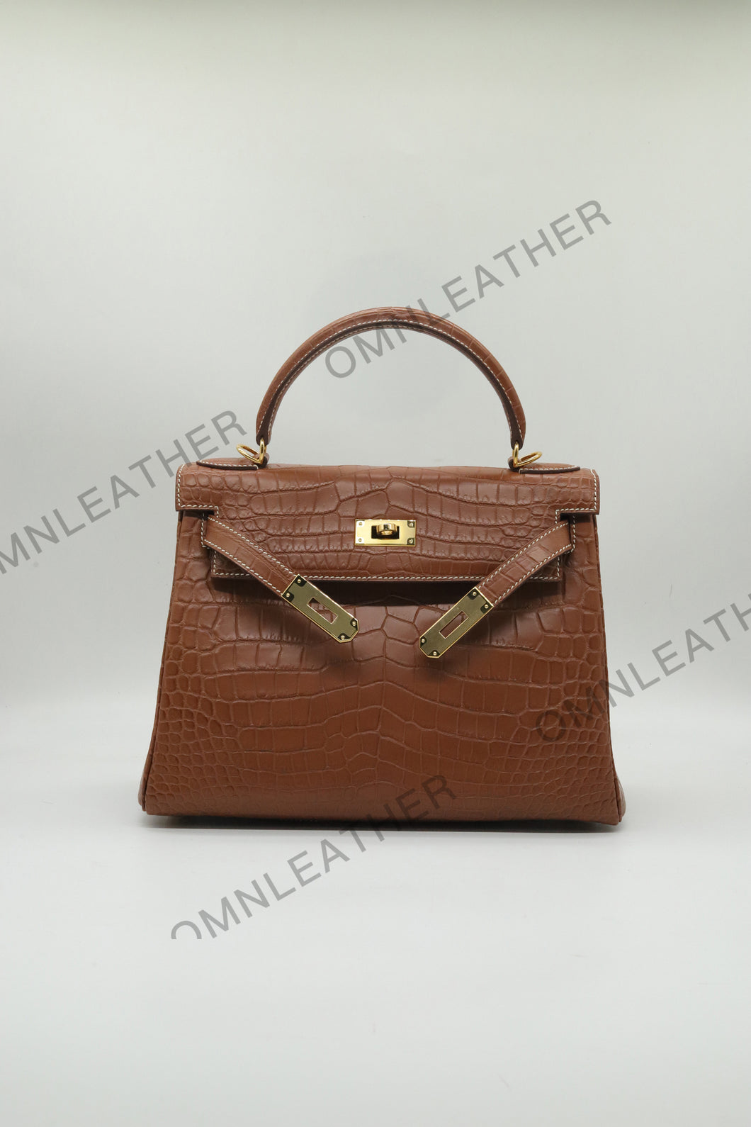 Verona 28 Kelly Style Opaque Saltwater Croc Leather Brown Color Gold Hardware