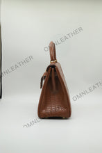 Load image into Gallery viewer, Verona 28 Kelly Style Opaque Saltwater Croc Leather Brown Color Gold Hardware
