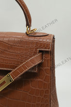 Load image into Gallery viewer, Verona 28 Kelly Style Opaque Saltwater Croc Leather Brown Color Gold Hardware
