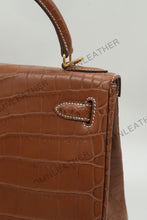 Load image into Gallery viewer, Verona 28 Kelly Style Opaque Saltwater Croc Leather Brown Color Gold Hardware
