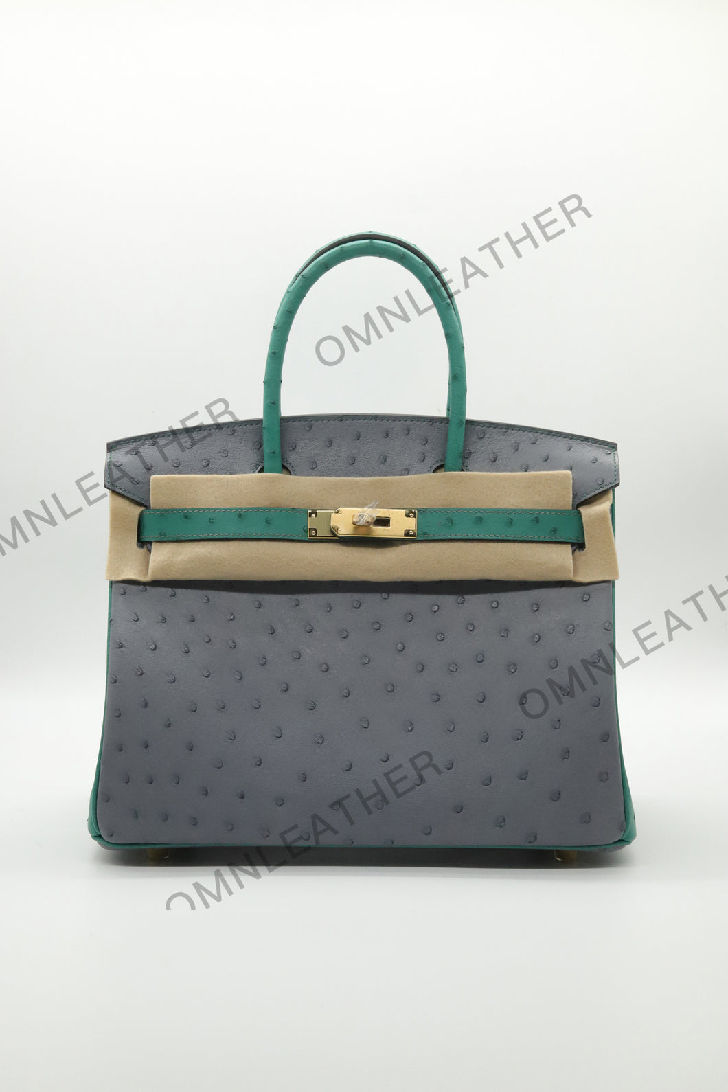 London 30 Birkin Style Ostrich Leather Grey Green Mix Color Gold Hardware