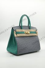 Load image into Gallery viewer, London 30 Birkin Style Ostrich Leather Grey Green Mix Color Gold Hardware

