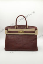 Load image into Gallery viewer, London 35 Birkin Style HCP Saltwater Croc Leather Opaque Burgundy Color Gold Hardware
