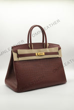Load image into Gallery viewer, London 35 Birkin Style HCP Saltwater Croc Leather Opaque Burgundy Color Gold Hardware
