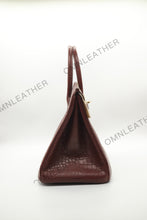 Load image into Gallery viewer, London 35 Birkin Style HCP Saltwater Croc Leather Opaque Burgundy Color Gold Hardware
