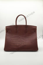 Load image into Gallery viewer, London 35 Birkin Style HCP Saltwater Croc Leather Opaque Burgundy Color Gold Hardware
