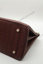 Load image into Gallery viewer, London 35 Birkin Style HCP Saltwater Croc Leather Opaque Burgundy Color Gold Hardware
