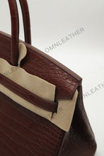 Load image into Gallery viewer, London 35 Birkin Style HCP Saltwater Croc Leather Opaque Burgundy Color Gold Hardware
