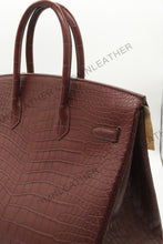 Load image into Gallery viewer, London 35 Birkin Style HCP Saltwater Croc Leather Opaque Burgundy Color Gold Hardware
