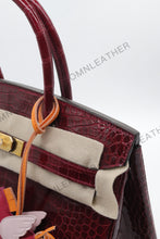 Load image into Gallery viewer, London 30 Birkin Style HCP Saltwater Croc Leather Glossy Burgundy Color Gold Hardware
