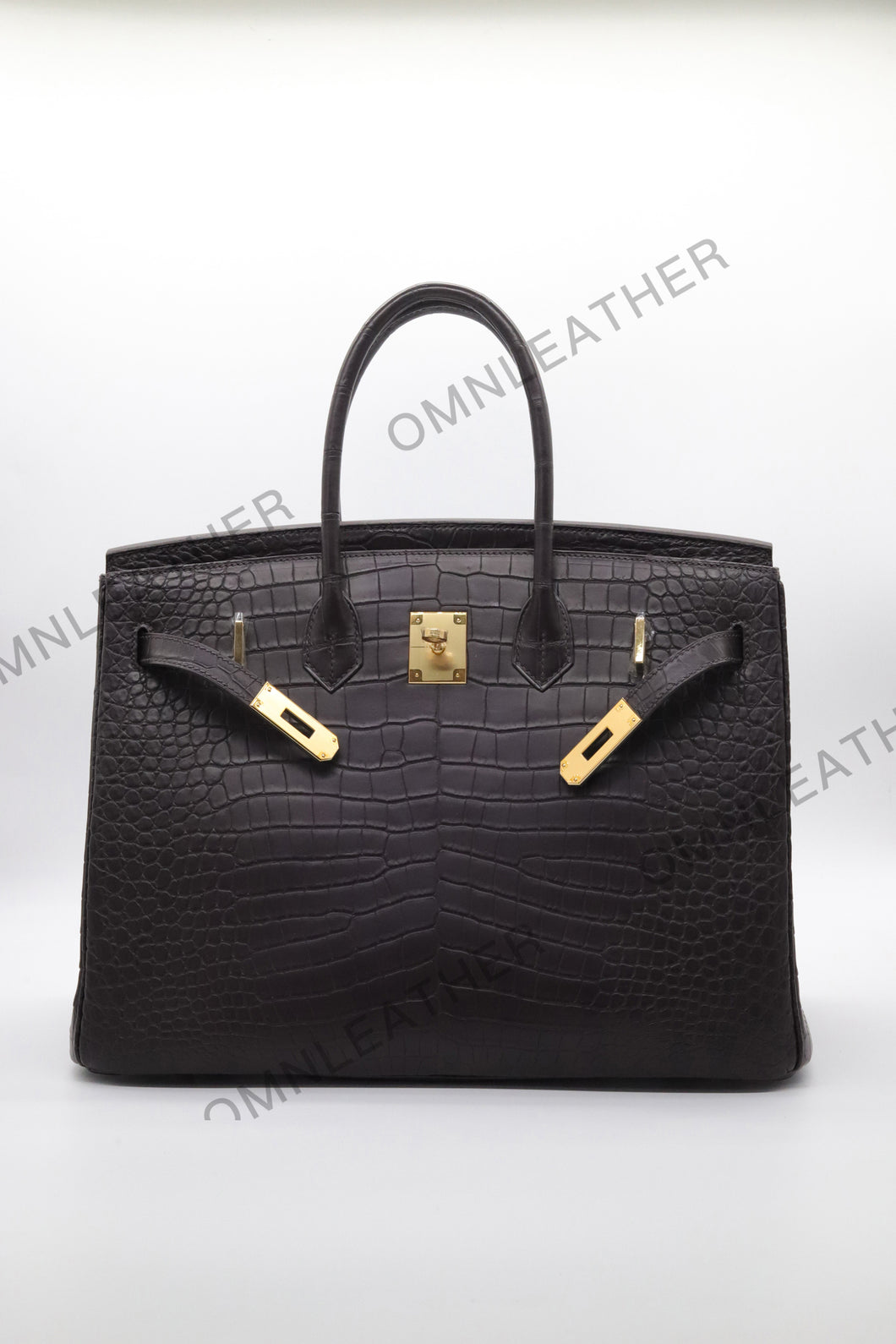 London 35 Birkin Style HCP Saltwater Croc Leather Opaque Ebony Color Gold Hardware