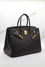 Load image into Gallery viewer, London 35 Birkin Style HCP Saltwater Croc Leather Opaque Ebony Color Gold Hardware

