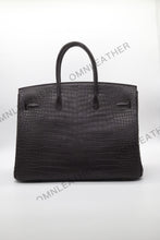 Load image into Gallery viewer, London 35 Birkin Style HCP Saltwater Croc Leather Opaque Ebony Color Gold Hardware
