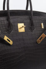 Load image into Gallery viewer, London 35 Birkin Style HCP Saltwater Croc Leather Opaque Ebony Color Gold Hardware
